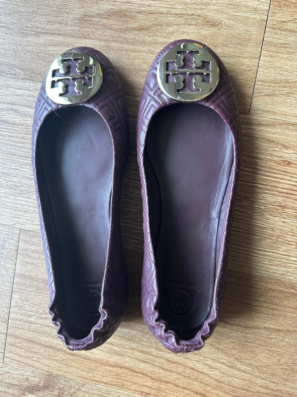 Tory Burch Burgundy Quilted Minnie Travel Ballet Flats with Gold Logo